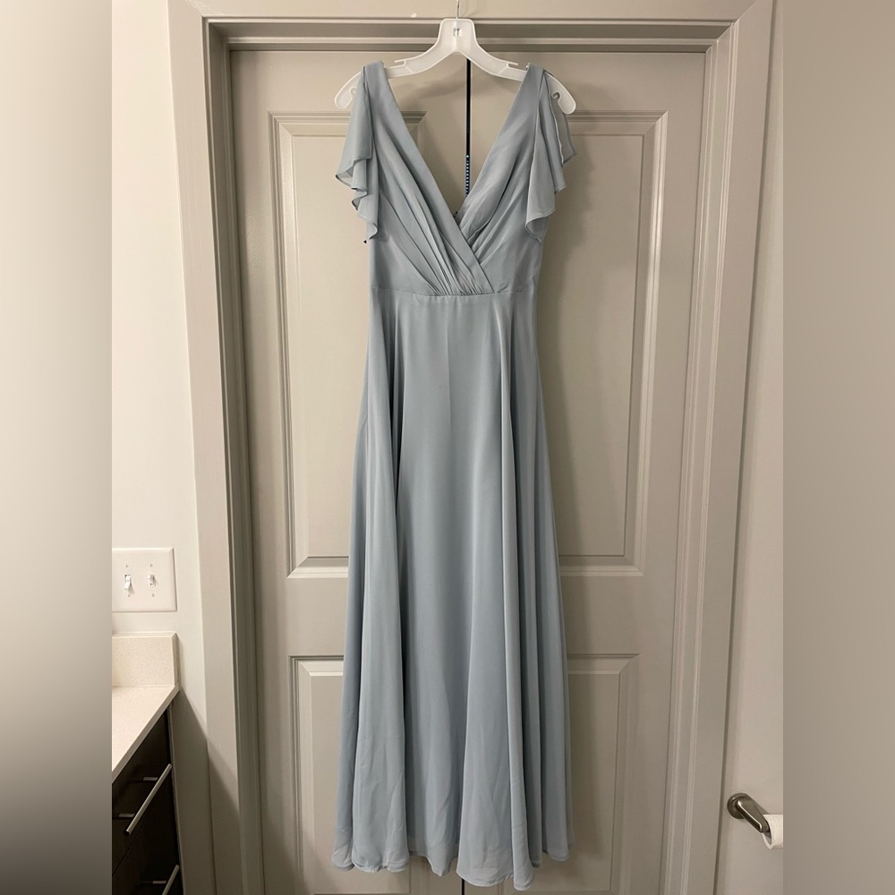David’s Bridal Long Fluttersleeve Full Skirt in Dusty Blue